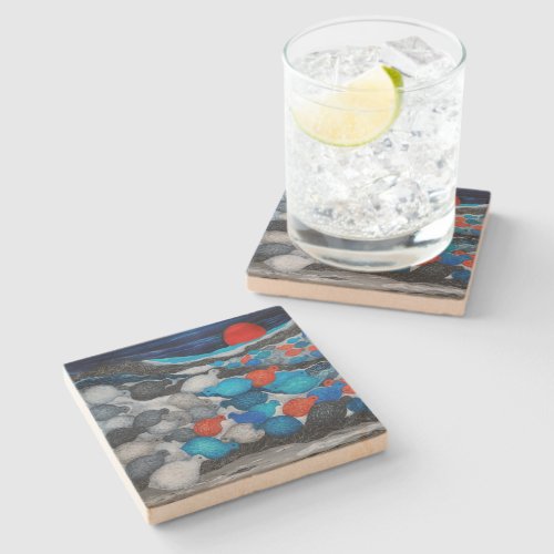 Colorful Bird Flock Red Moon Art Stone Coaster