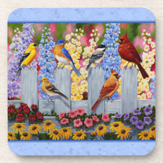 Colorful Bird Flower Garden Blue Drink Coaster