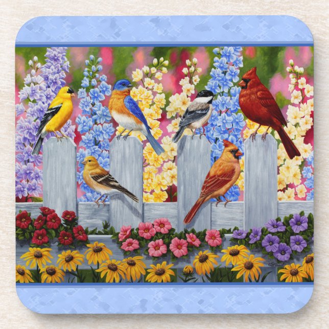 Colorful Bird Flower Garden Blue Drink Coaster (Front)