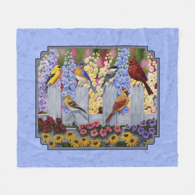 Colorful Bird Flower Garden Blue Fleece Blanket (Front (Horizontal))
