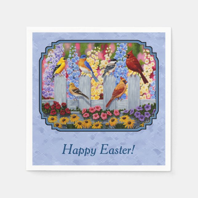 Colorful Bird Flower Garden Blue Napkins (Front)