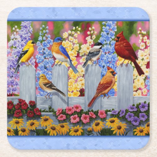 Colorful Bird Flower Garden Blue Square Paper Coaster