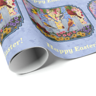 Colorful Bird Flower Garden Blue Wrapping Paper
