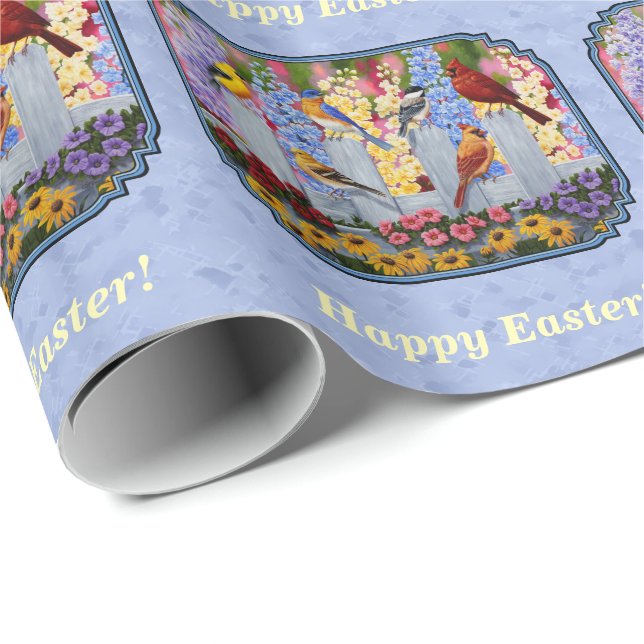 Colorful Bird Flower Garden Blue Wrapping Paper (Roll Corner)