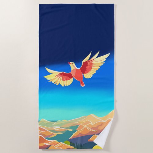 Colorful bird flying above the mountains beach towel