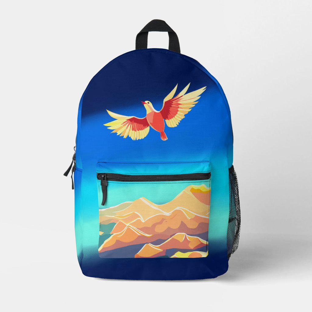Colorful bird flying above the mountains
