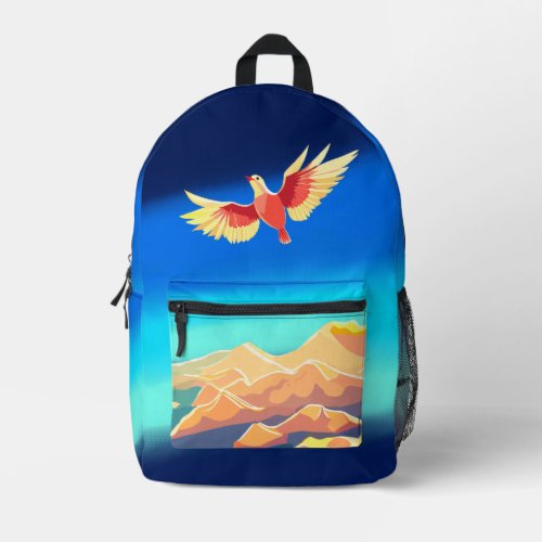 Colorful bird flying above the mountains printed backpack