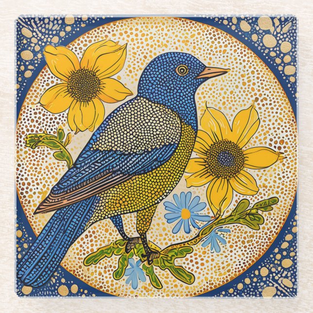 Colorful bird  glass coaster (Front)