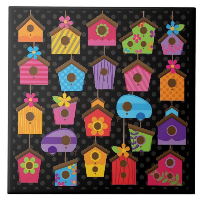 Colorful Bird Houses Design Ceramic Tile (Front)