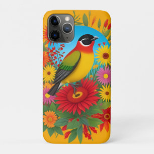 Colorful Bird Illustration With Floral Background iPhone 11 Pro Case