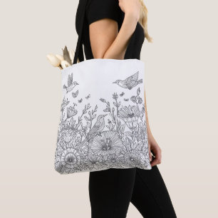 Colorful Bird Line Art Design for Coloring Tote Bag