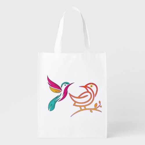 Colorful Bird Line Art Grocery Bag