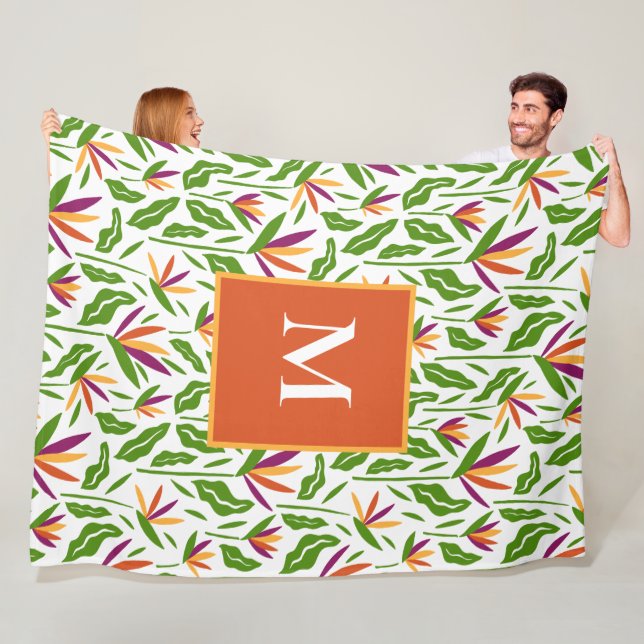 Colorful Bird of Paradise Flower, Monogram  Fleece Blanket (In Situ)