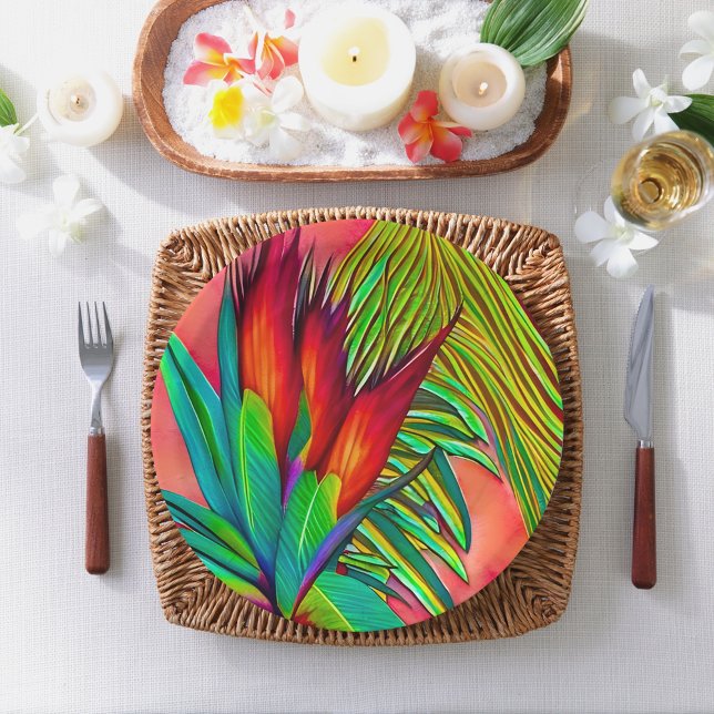 Colorful Bird of Paradise Flower Paper Plates (These beautiful paper plates are the perfect addition to your tropical beach party.)