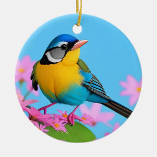 Colorful Bird on Blooming Branch Ceramic Ornament