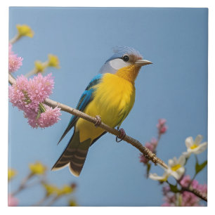 Colorful Bird on Blooming Branch Ceramic Tile