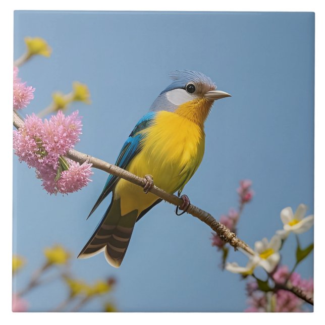 Colorful Bird on Blooming Branch Ceramic Tile (Front)