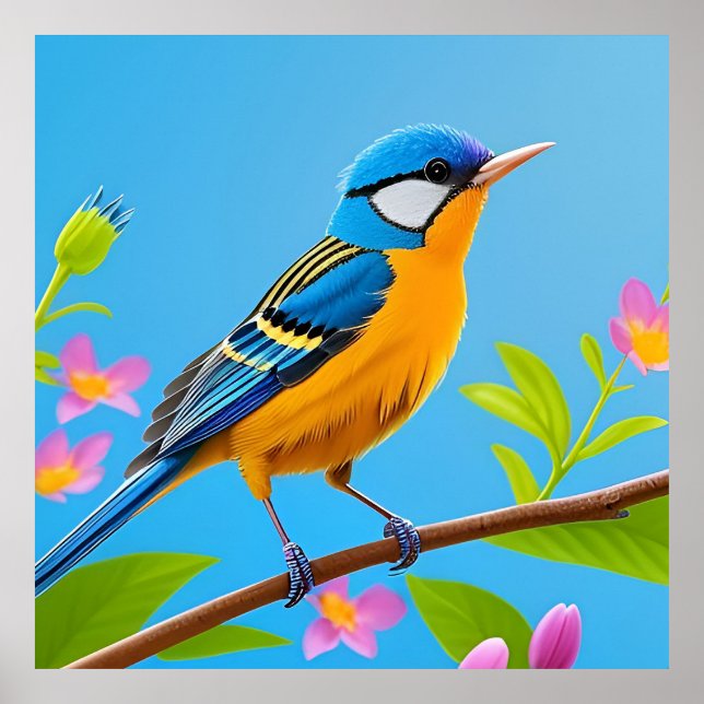 Colorful Bird on Blooming Branch Poster (Front)