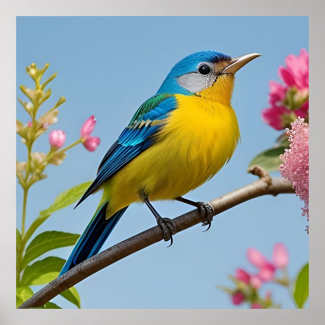 Colorful Bird on Blooming Branch Poster (Front)