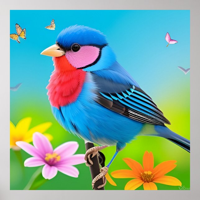Colorful Bird on Blooming Branch Poster (Front)
