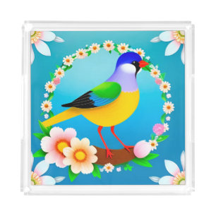 Colorful Bird on Branch Framed with Flowers Acrylic Tray