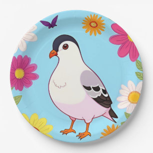 Colorful Bird on Branch Framed with Flowers Paper Plates
