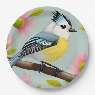 Colorful Bird on Branch Framed with Flowers Paper Plates