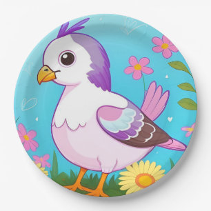 Colorful Bird on Branch Framed with Flowers Paper Plates