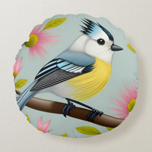 Colorful Bird on Branch Framed with Flowers Round Pillow