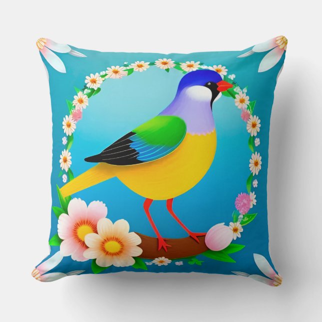 Colorful Bird on Branch Framed with Flowers Throw Pillow (Front)
