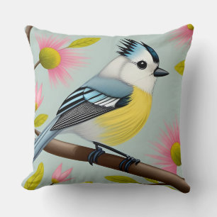 Colorful Bird on Branch Framed with Flowers Throw Pillow