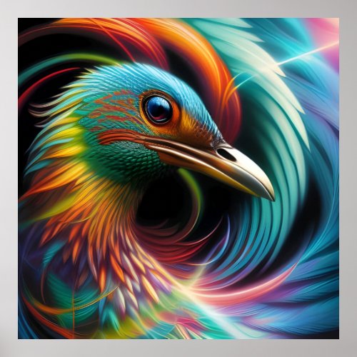 Colorful bird peacock swirling feathers poster