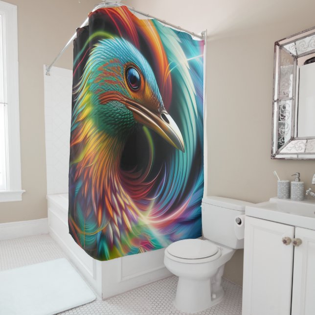 Colorful bird peacock swirling feathers shower curtain (In Situ)