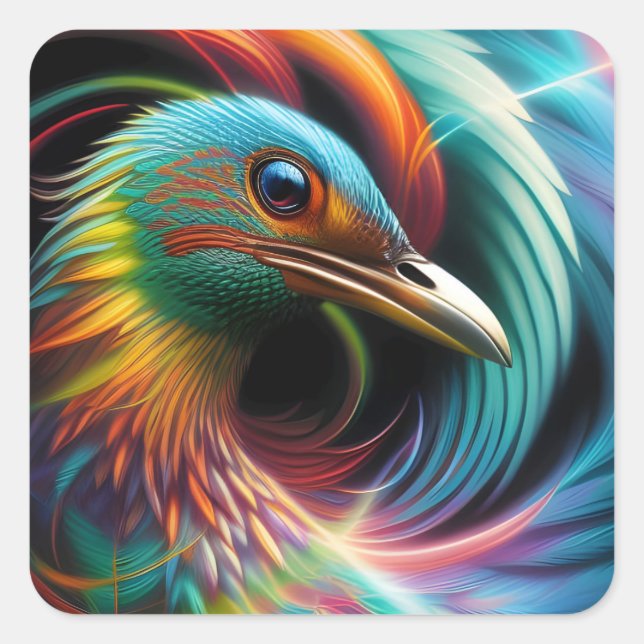 Colorful bird peacock swirling feathers square sticker (Front)