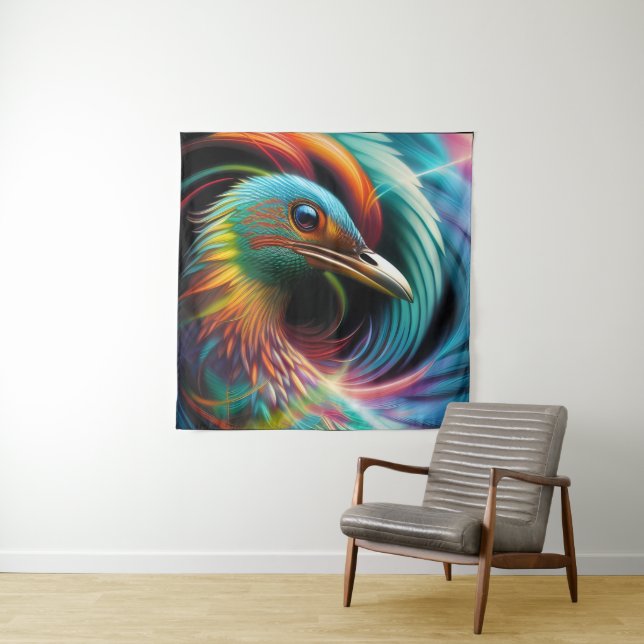 Colorful bird peacock swirling feathers  tapestry (In Situ)
