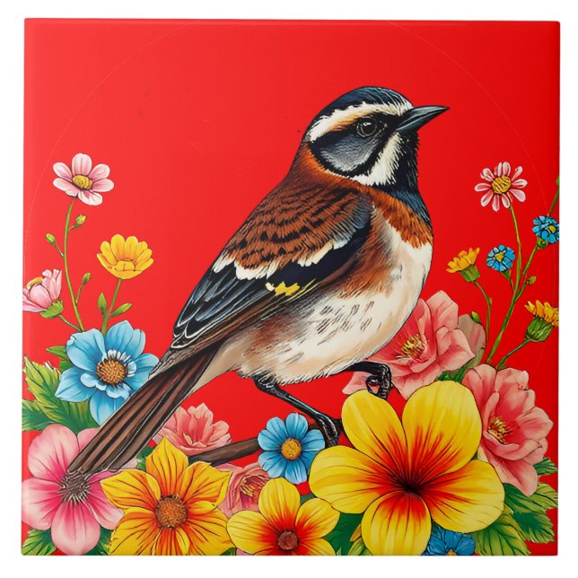 Colorful Bird Perched Among Flowers Ceramic Tile (Front)