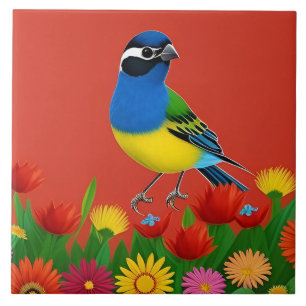 Colorful Bird Perched Among Vibrant Flowers Ceramic Tile