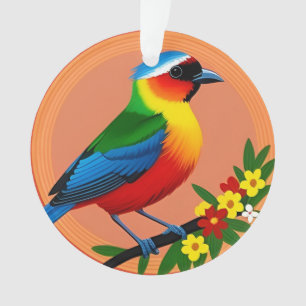 Colorful Bird Perched Among Vibrant Flowers Ornament