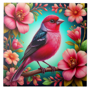 Colorful Bird Perched on Branch Ceramic Tile