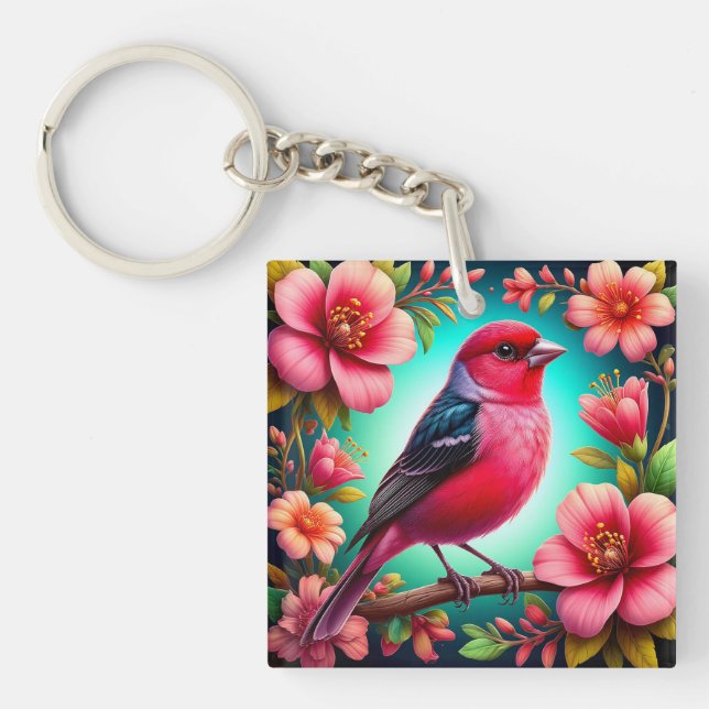 Colorful Bird Perched on Branch Keychain (Front)