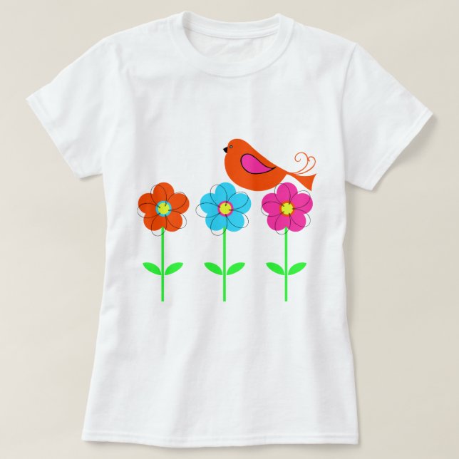colorful bird with colorful flowers T-Shirt (Design Front)