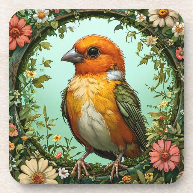 Colorful Bird with Floral Frame Beverage Coaster (Front)