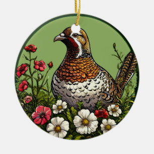 Colorful Bird with Floral Frame Ceramic Ornament