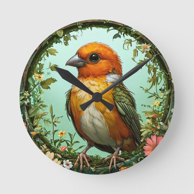 Colorful Bird with Floral Frame Round Clock (Front)