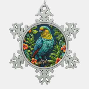 Colorful Bird with Floral Frame Snowflake Pewter Christmas Ornament