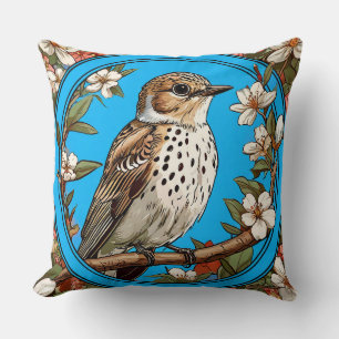 Colorful Bird with Floral Frame Throw Pillow