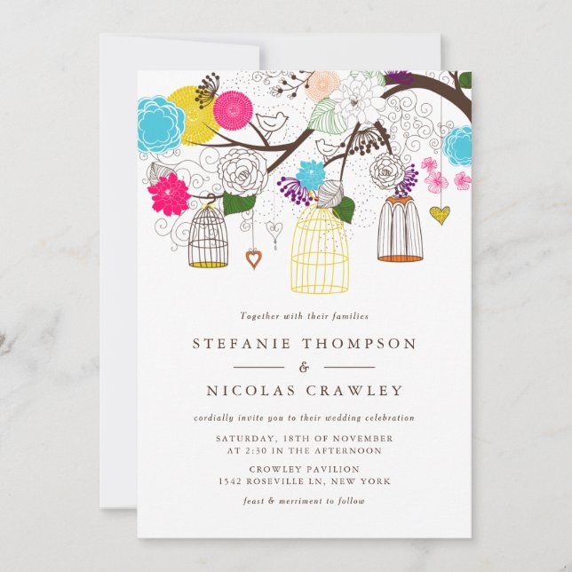 Colorful Birdcages and Flowers Wedding Invitations (Front)