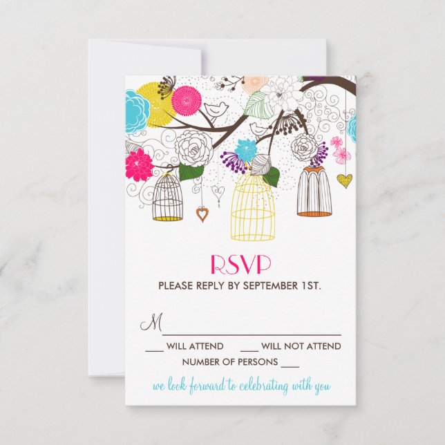 Colorful Birdcages and Flowers Wedding RSVP Card (Front)