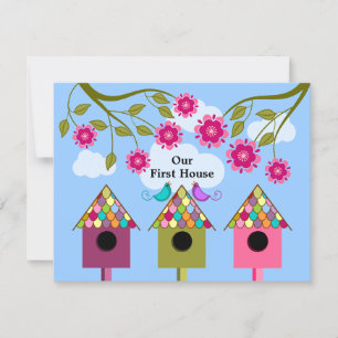 Colorful Birdhouses and Birds Housewarming Party Invitation