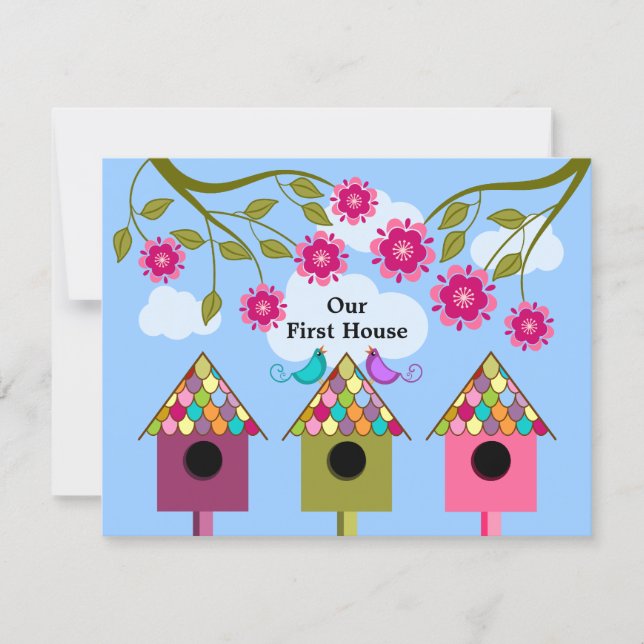 Colorful Birdhouses and Birds Housewarming Party Invitation (Front)